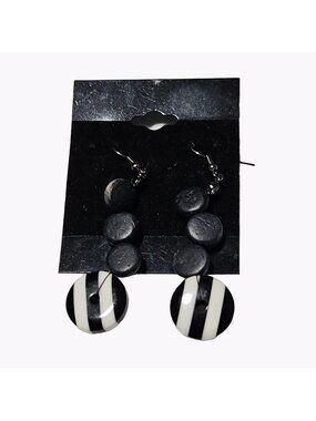 Retro Striped Disc Earrings Black White Dangle Statement Classic Fashion Jewelry
